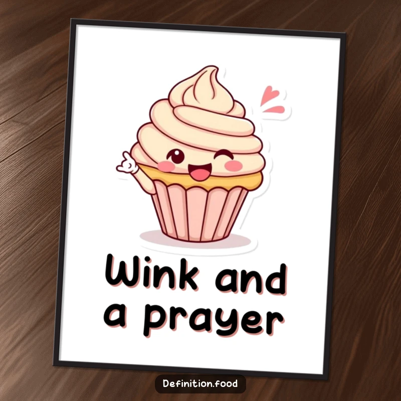 Funny poster art of a celebratory cupcake character giving a wink, adding whimsical and humorous decor, a perfect funny gift.