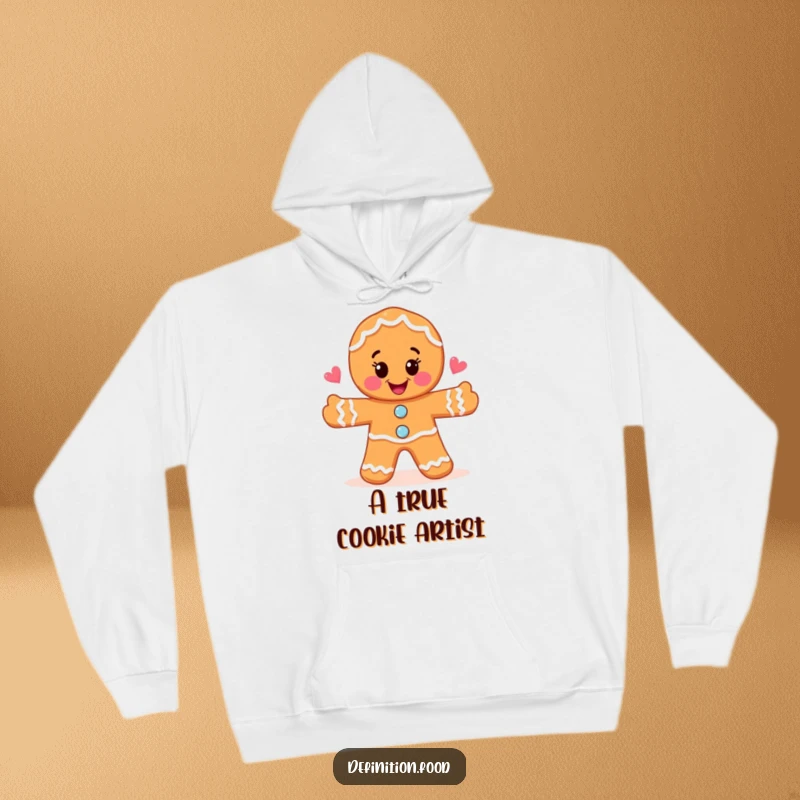 Funny joyful gingerbread man drawing a whimsical food illustration on a cozy hoodie, perfect for creative comfort.