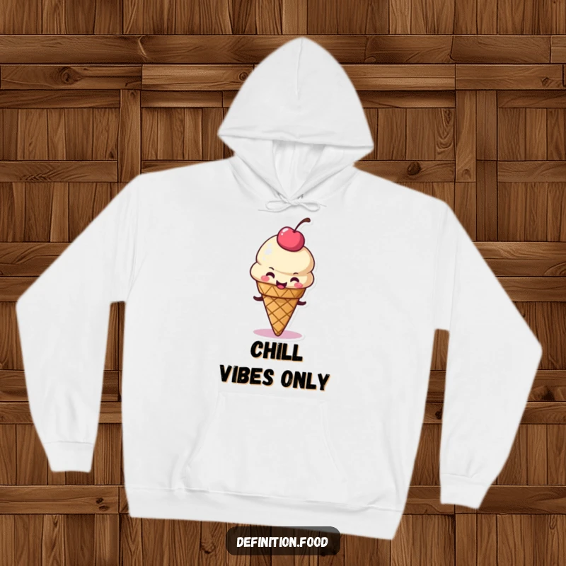 Funny hoodie showcasing a happy ice cream cone character wiggling its cherry topping, offering cozy warmth and a delightful dose of sweetness.