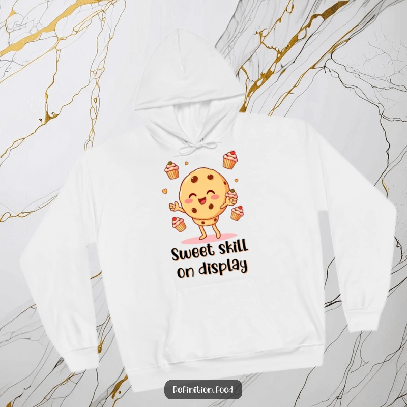 Funny hoodie featuring a delightful cookie character expertly juggling small cupcakes, bringing warmth and humor to the wearer.