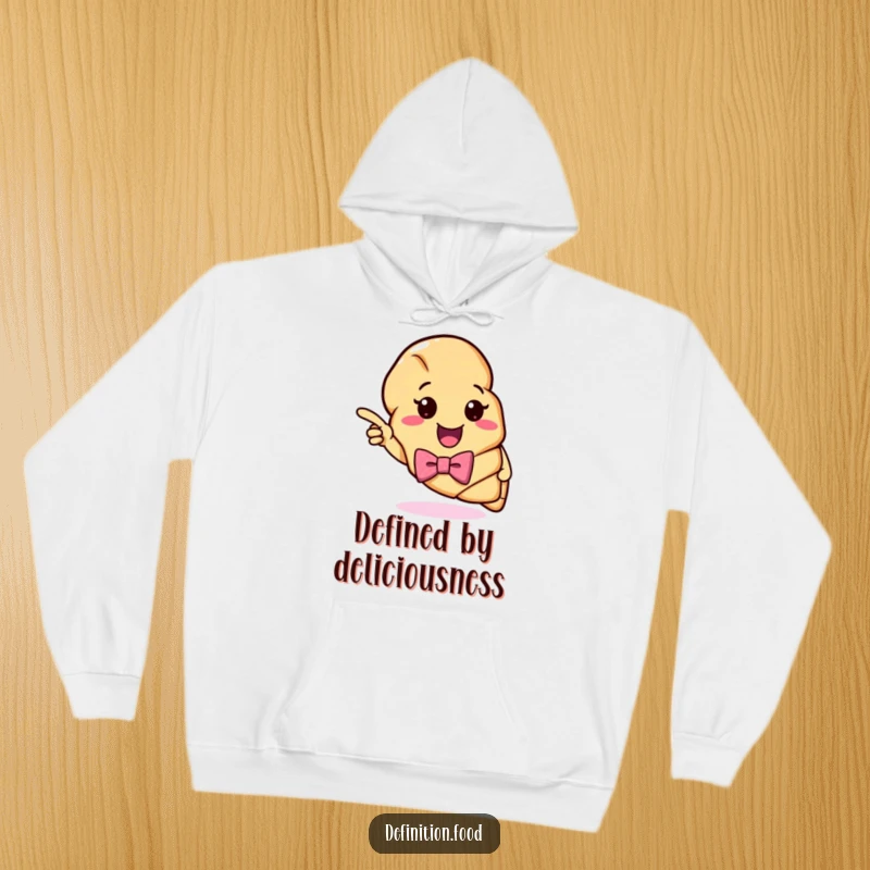 Funny Croissant Definition Hoodie: A smiling croissant with a bow tie points emphatically at a colorful, witty definition, perfect for cozy wear.