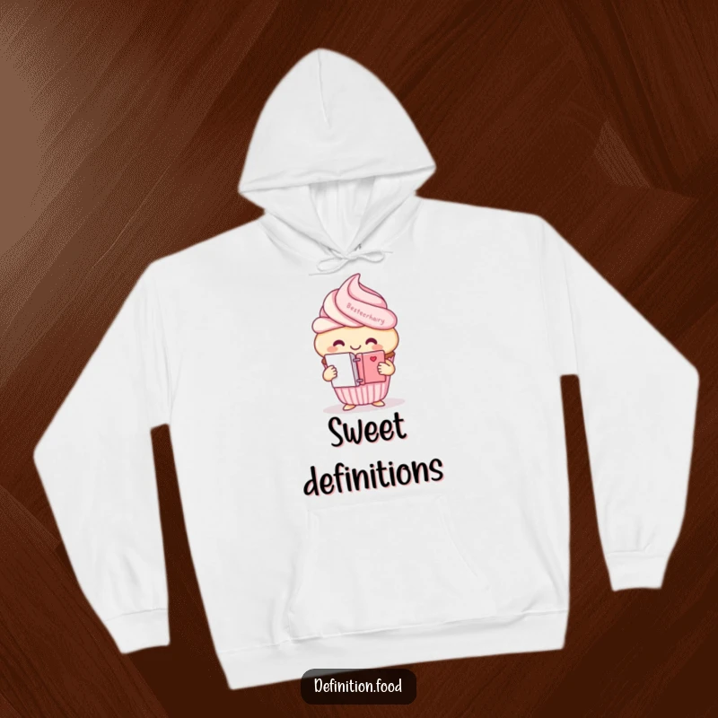 Funny smiling cupcake character hoodie, clutching a mini dictionary, ideal for cozy reading.