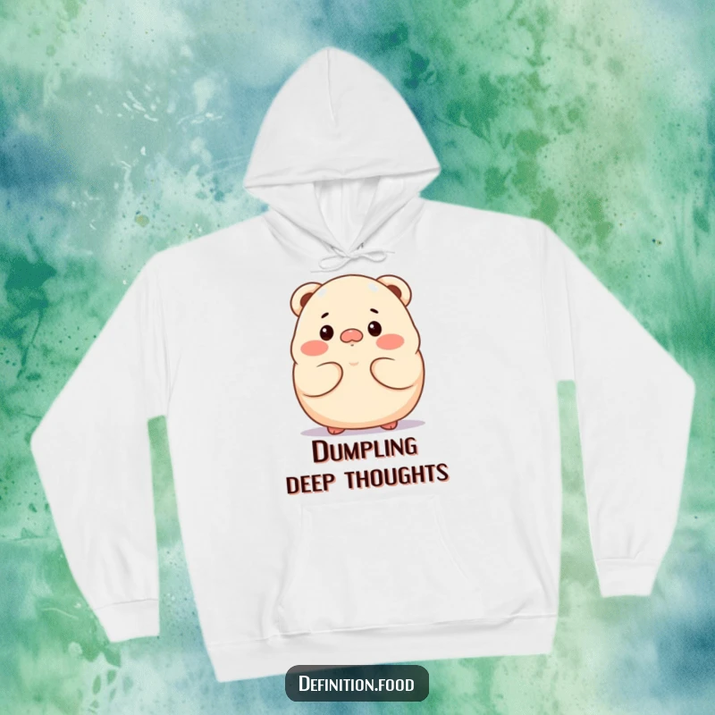 Funny proud dumpling character hoodie, looking thoughtful, perfect for cozy contemplation.