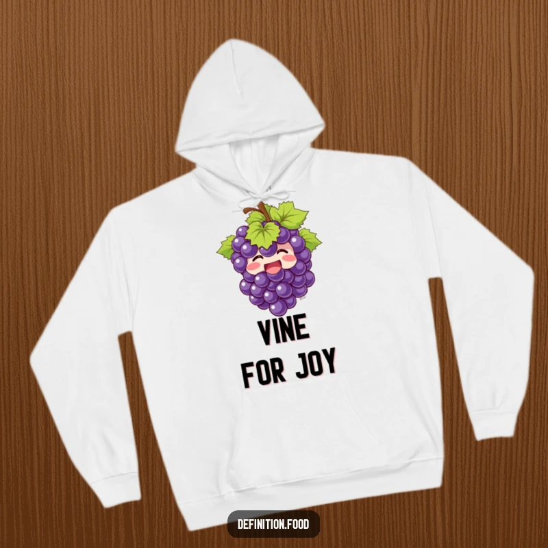 Funny Hoodie featuring a giggling bunch of grapes bursting with joy, providing warmth and silly, fruit-themed humor.