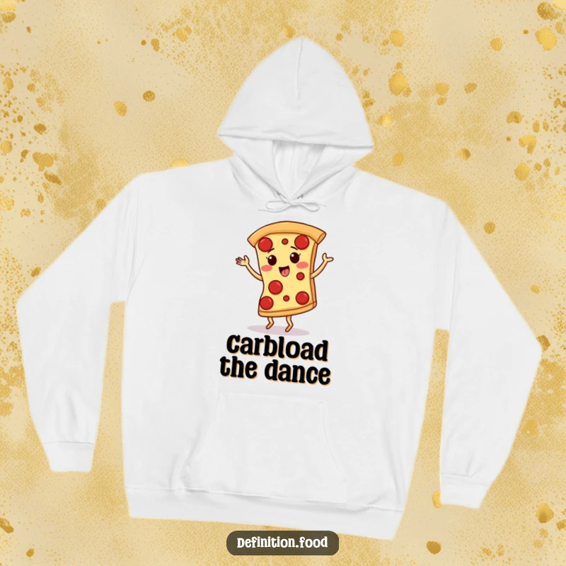 Funny hoodie print of a happy, giggling pizza slice with pepperoni, energetically dancing the tango in a vibrant style.