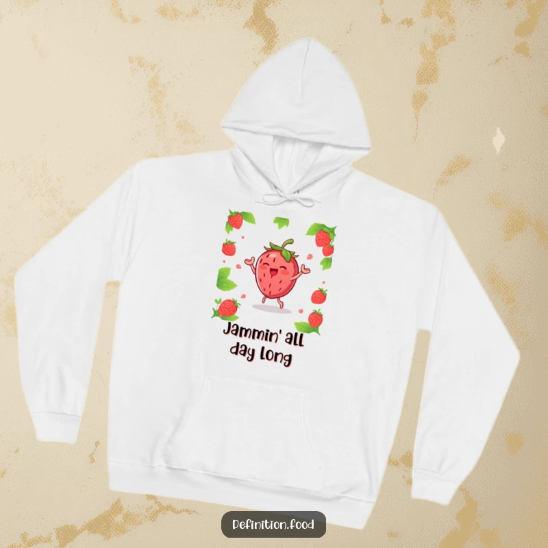 Funny joyous strawberry character doing a happy dance with leaves, featured on a warm and cozy hoodie.