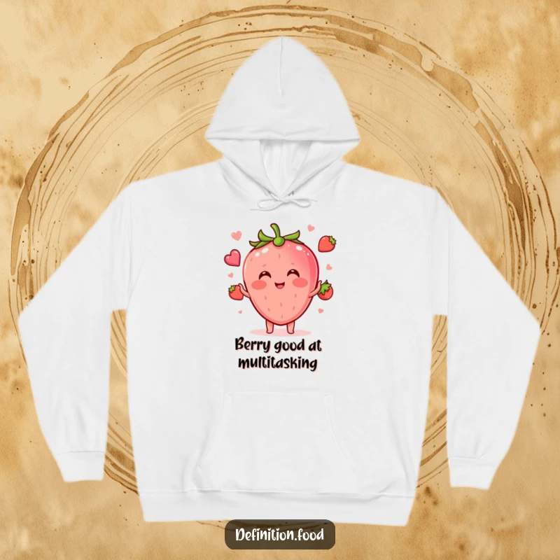 Funny blushing strawberry character juggling small food icons on a cozy hoodie, offering warmth and a touch of playful humor.