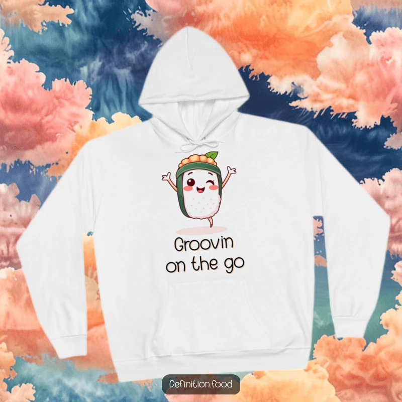 Funny hoodie featuring a happy sushi character caught in a spontaneous dance move, offering warmth and a touch of foodie humor.