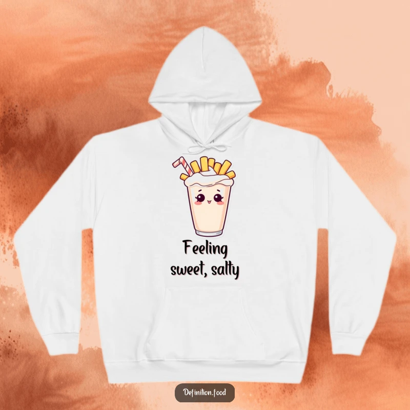 Funny hoodie showing a sneaky french fry character peeking out from the creamy depths of a milkshake.
