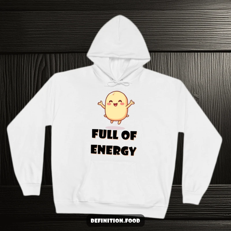 Funny hoodie with a macaroni character gleefully bouncing, perfect for cozy comfort and a funny gift.