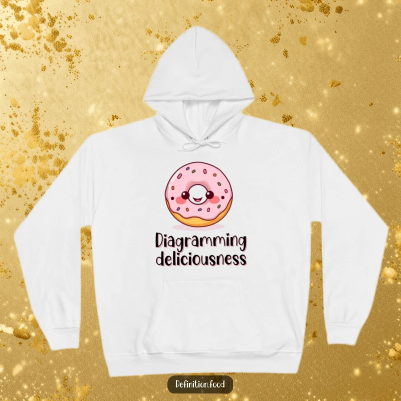 Funny donut diagram hoodie, a happy donut character showing a playful food diagram, comfortable and educational.
