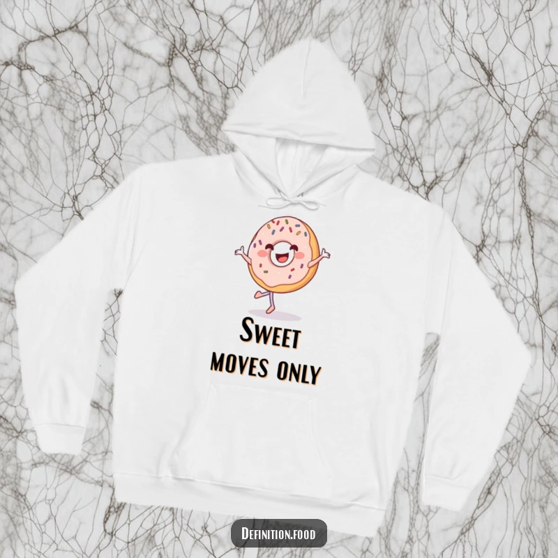 Funny grinning donut hoodie with sprinkles, captured in a joyful pirouette, perfect for sweet comfort.