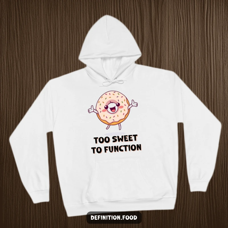 Funny hoodie showcasing a happy, sprinkle-covered donut character in a spin, offering warmth and a delightful dose of sweetness.