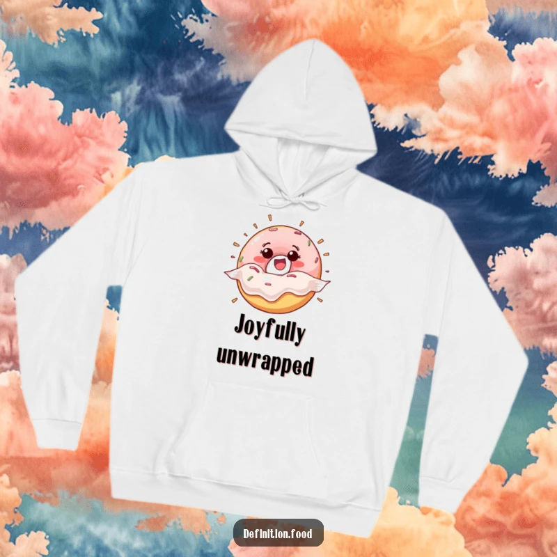 Funny happy donut character bursting energetically from its wrapper on a cozy hoodie, ideal for warmth and cheerful vibes.