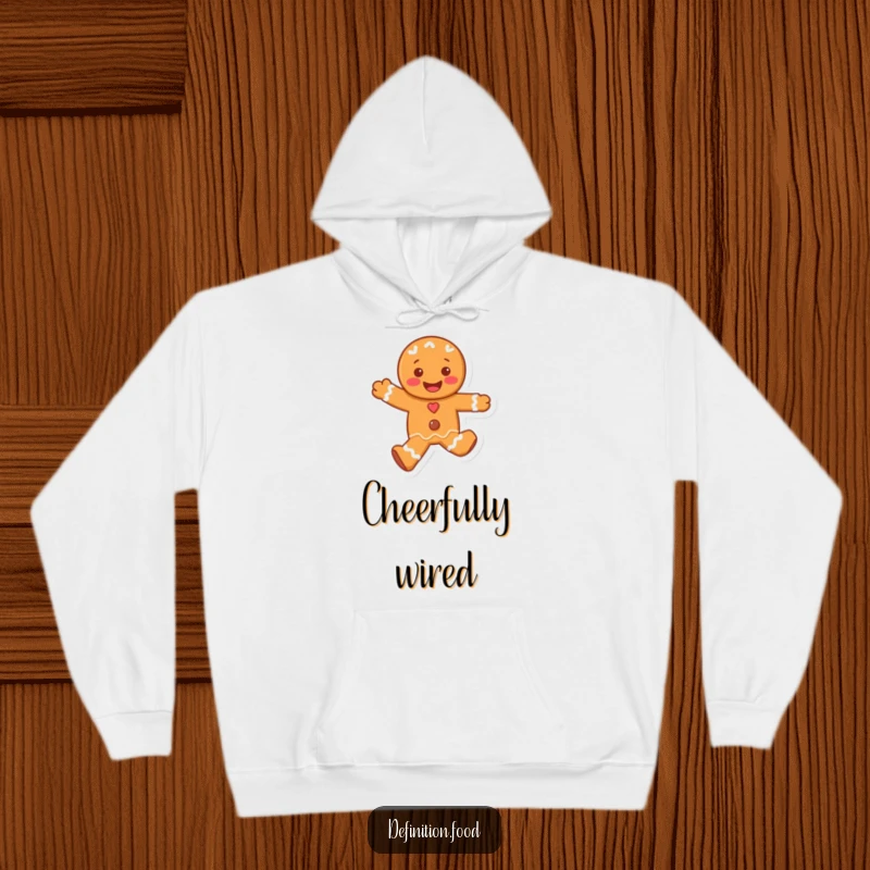 Funny hoodie showcasing a happy, skipping gingerbread man character, offering cozy warmth and a delightful dose of holiday spirit.
