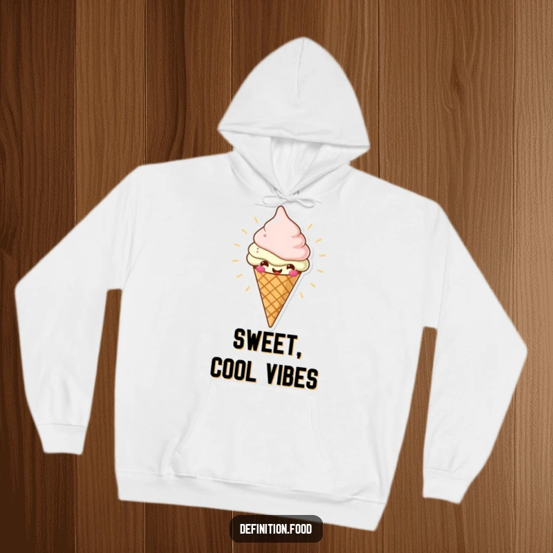 Funny hoodie with a cheerful ice cream cone character radiating deliciousness, perfect for cozy comfort and a funny gift.