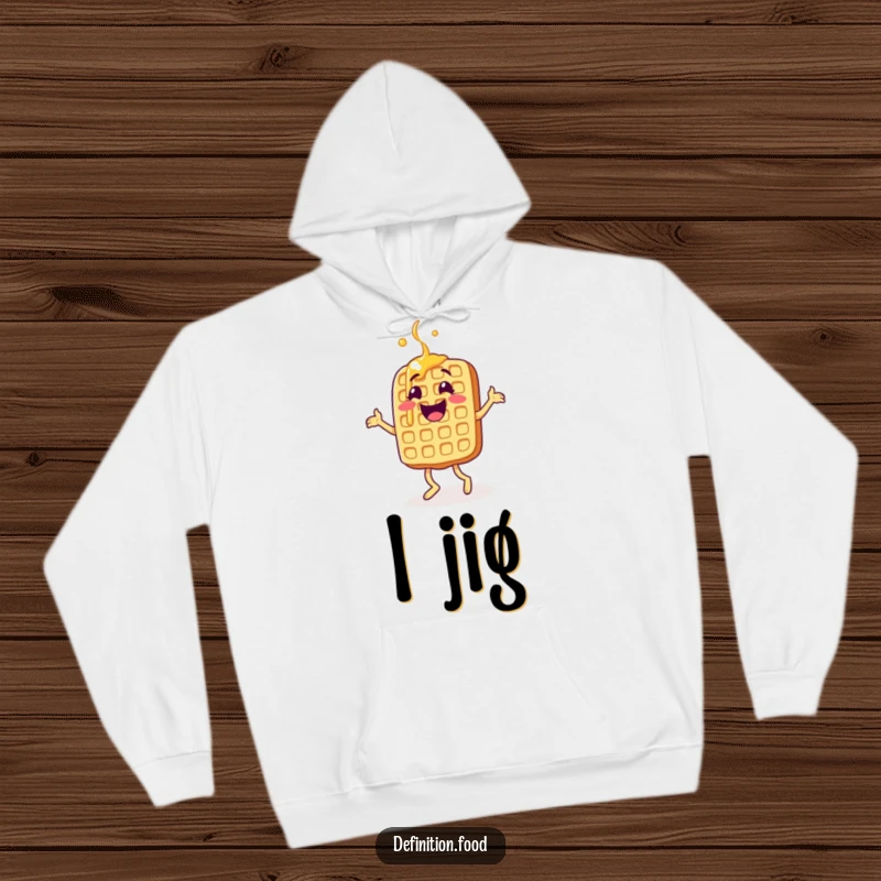Funny waffle hoodie, cozy and warm, a happy character doing a delightful jig, perfect for comfort, funny gift.