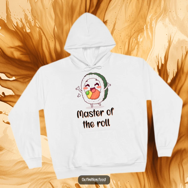 Funny sushi hoodie showing a delighted sushi roll character performing a happy pirouette, perfect for cozy, stylish wear.