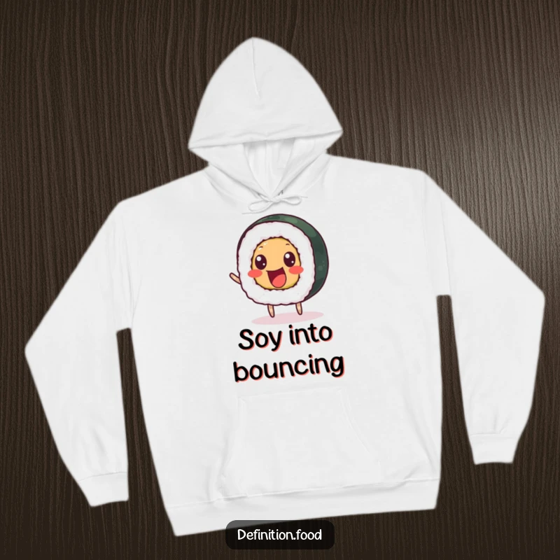 Funny hoodie featuring a delighted sushi roll with beady eyes bouncing happily, perfect for relaxation.