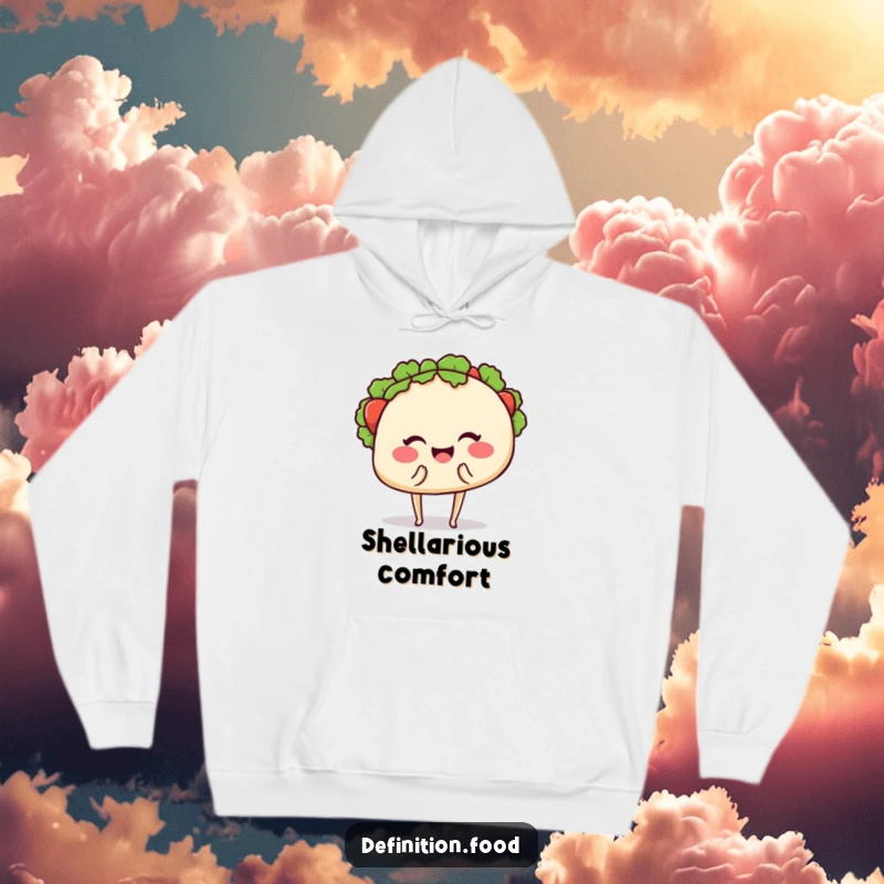 Funny hoodie print of a happy taco with tiny legs, winking and offering a bite, perfect for staying warm and amused.