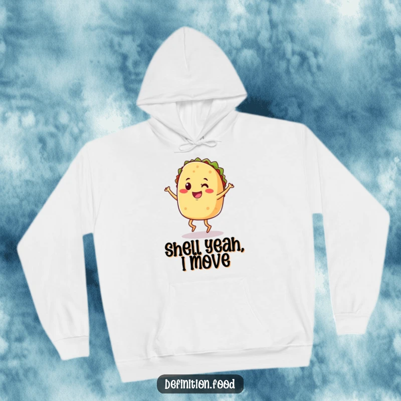 Funny hoodie showcasing a smiling taco with legs doing a happy jig, perfect for chilly days.