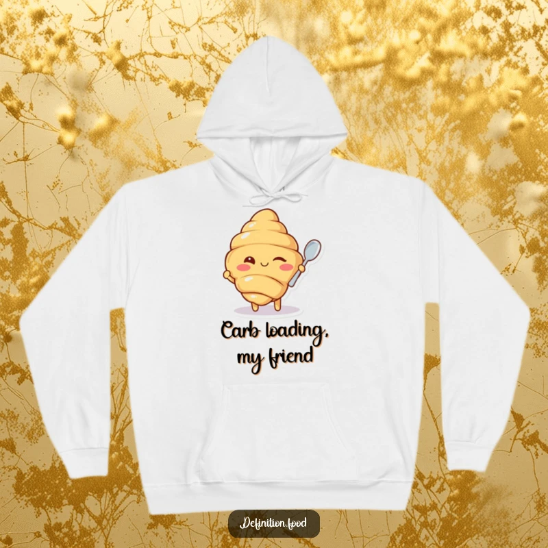 Funny hoodie with a charming winking croissant character presenting a tiny spoon, offering warmth and humorous style for cooler days.