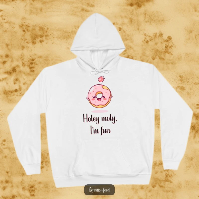 Funny donut hoodie featuring a cheerful donut character joyfully tossing a tiny candy, offering warmth and sweet style.