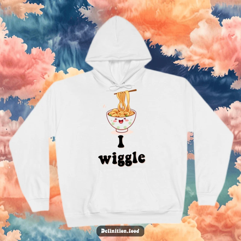 Funny ramen hoodie, cozy and warm, featuring a bowl of noodles doing a happy wiggle, a comforting funny gift.