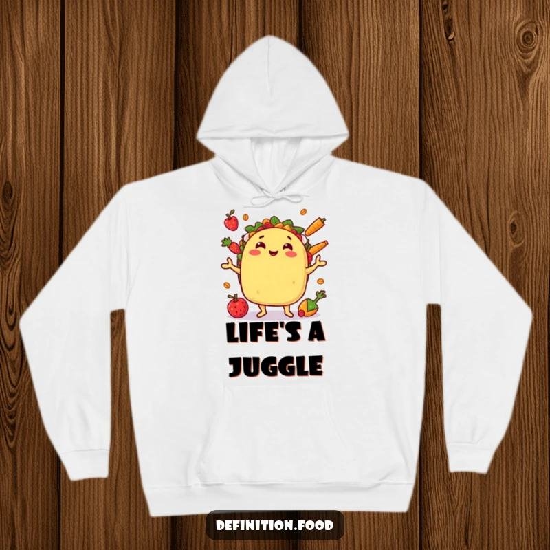 Funny hoodie with a juggling taco character, offering warmth and a humorous, festive design.
