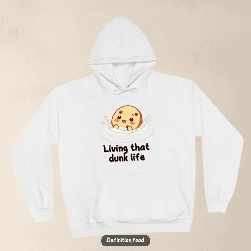 Funny cookie character pretending to swim in milk, featured on a warm and cozy hoodie.