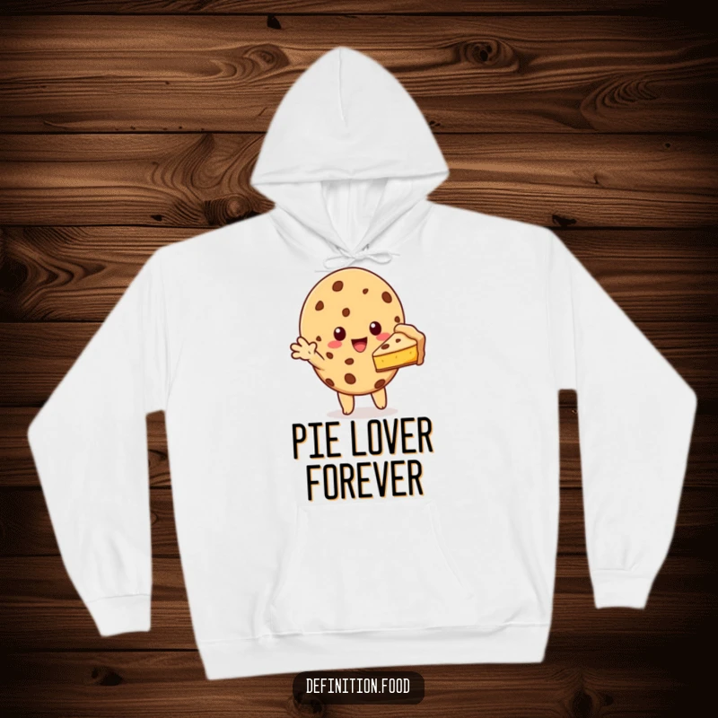 Funny cookie character reaching out with a slice of pie on a cozy hoodie, ideal for comfortable and generous wear.