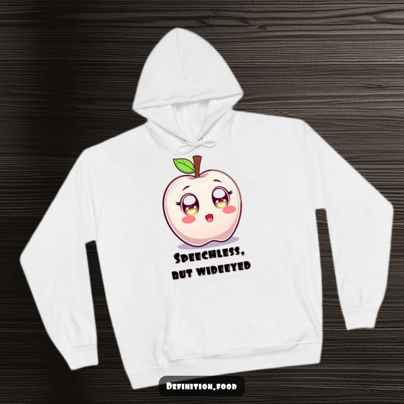Funny hoodie showcasing a candy apple character with wide, sparkling eyes in a state of amusing sweet surprise.
