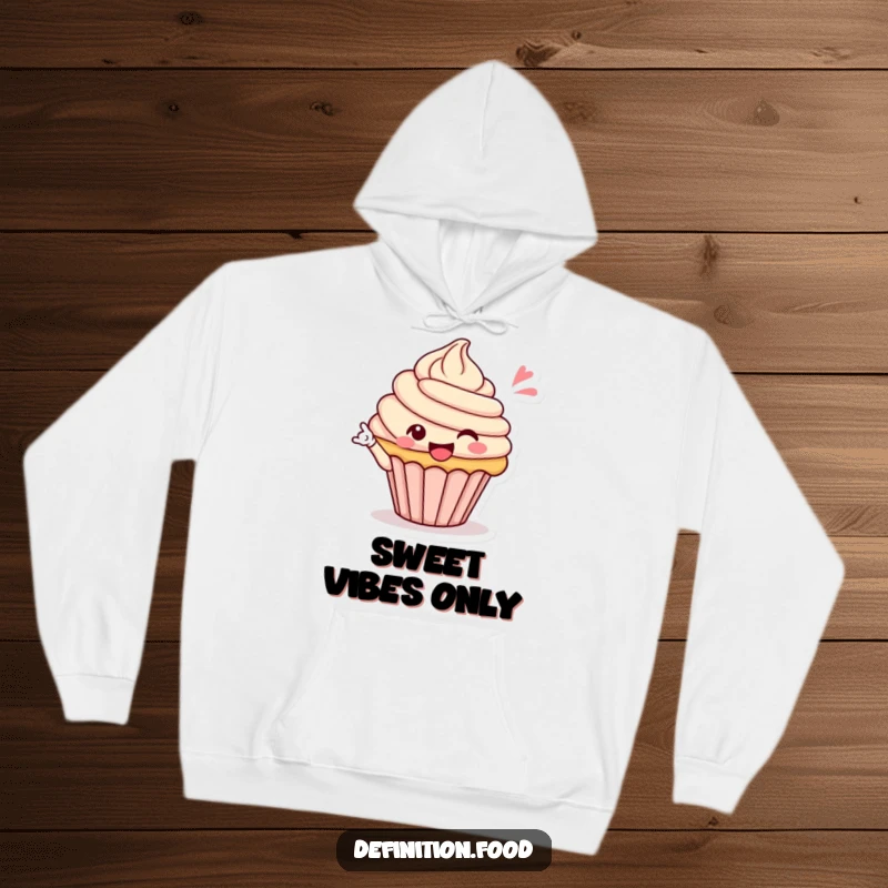 Funny hoodie showcasing a cheerful cupcake character winking playfully, ensuring warmth and a good laugh, a great funny gift.