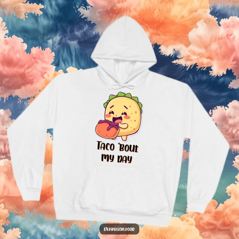 Funny hoodie featuring a cheerful taco character enjoying a large bite of its fellow taco, offering warmth and a taste of humor.