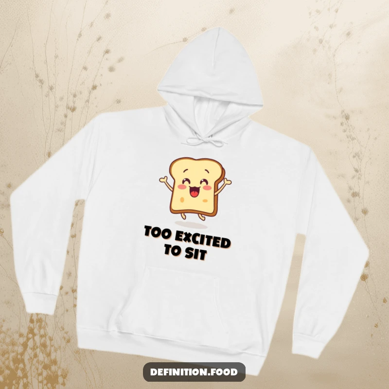 Funny surprised toast hoodie showing a happy, leaping slice of buttered toast ready for a warm hug.