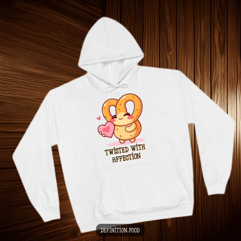 Funny pretzel character winks, holding a tiny heart cookie on a warm hoodie, ideal for cozy, humorous, and affectionate wear.