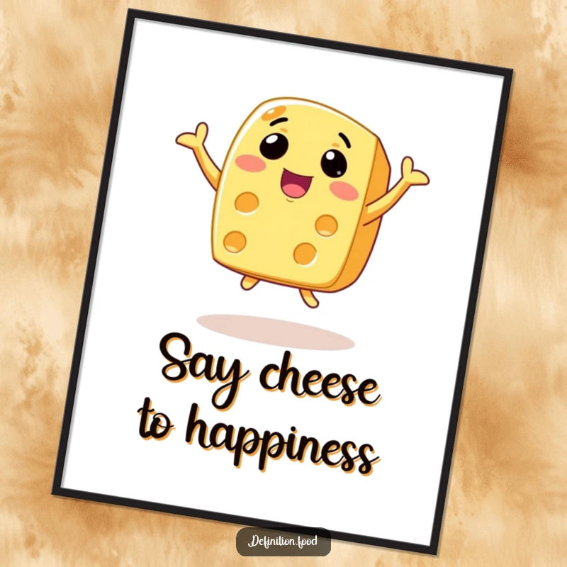 Funny Free Printable Wall Art of an animated cheese slice with a wide smile, joyfully jumping.