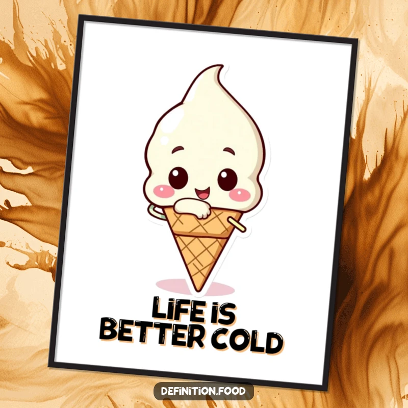 Funny Free Printable Ice Cream Wall Art: happy ice cream cone character taking a triumphant bite, perfect for kitchens or kids rooms, downloadable art.