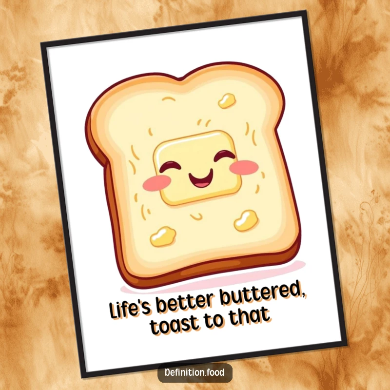 Funny Free Printable Wall Art: A slice of toast with butter wiggling with glee, bringing warm and humorous breakfast art home.