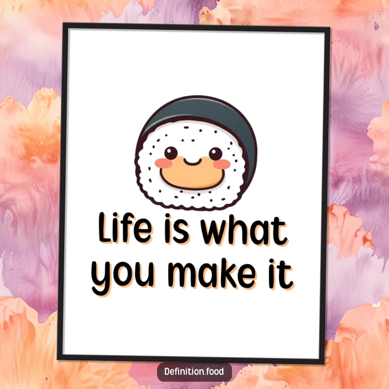 Funny Free Printable Sushi Wall Art of a cheerful sushi roll presenting a tiny abstract food shape, quirky kitchen decoration.