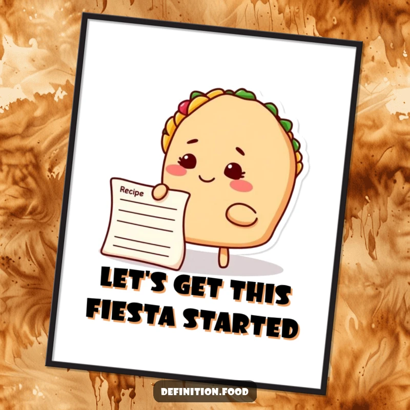 Funny Free Printable Taco Wall Art of a smiling taco character lost in thought over a recipe card, kitchen decor.