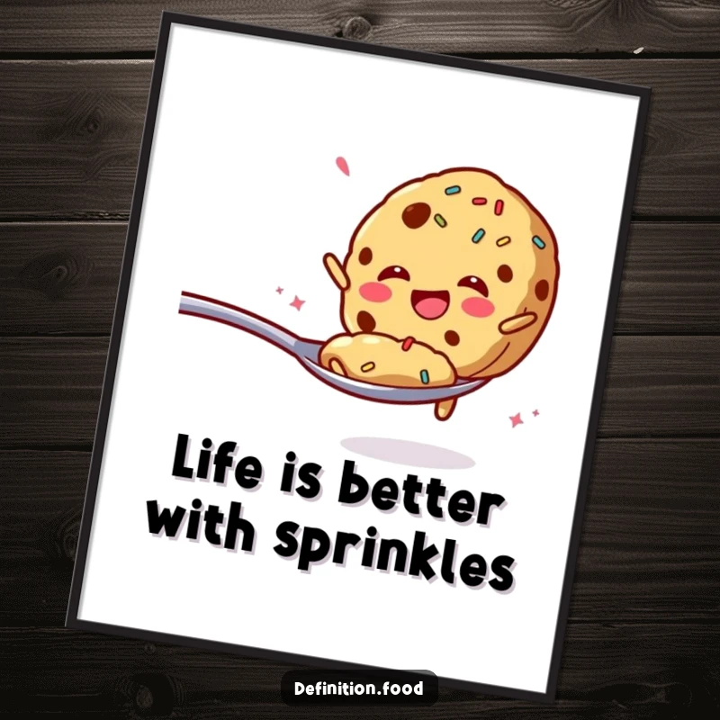 Funny Free Printable Wall Art: A cookie with sprinkles enthusiastically jumping from a spoon, perfect for downloadable decor.