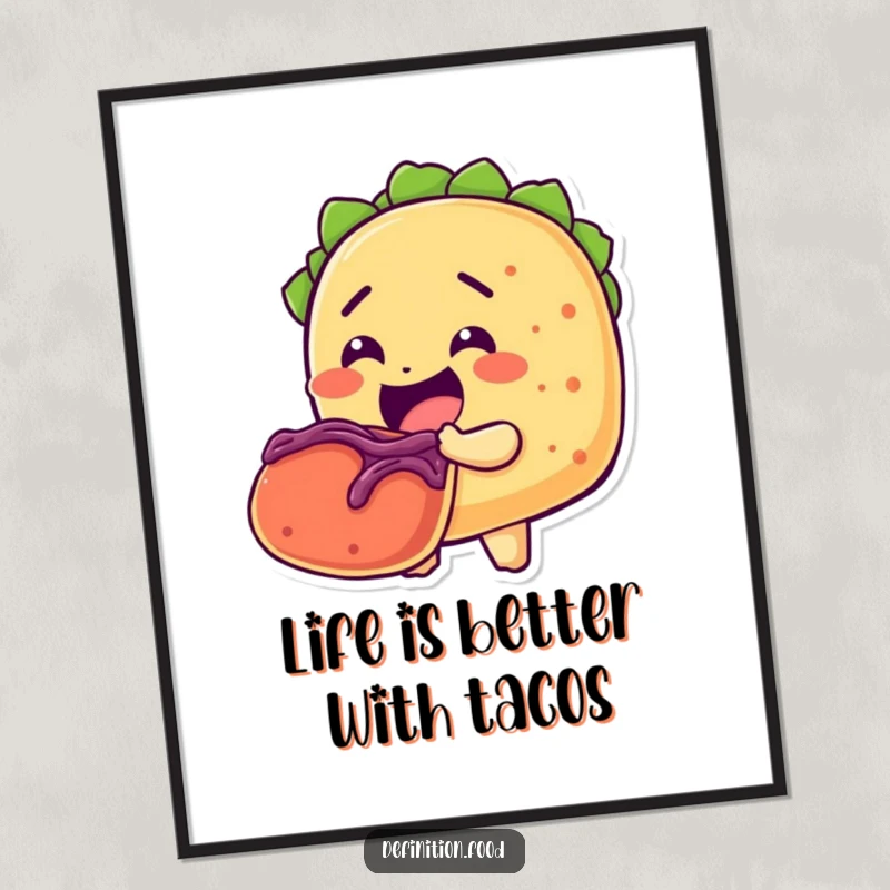 Funny Free Printable Wall Art: A cheerful taco character in the act of taking a huge bite from another taco, full of zest.