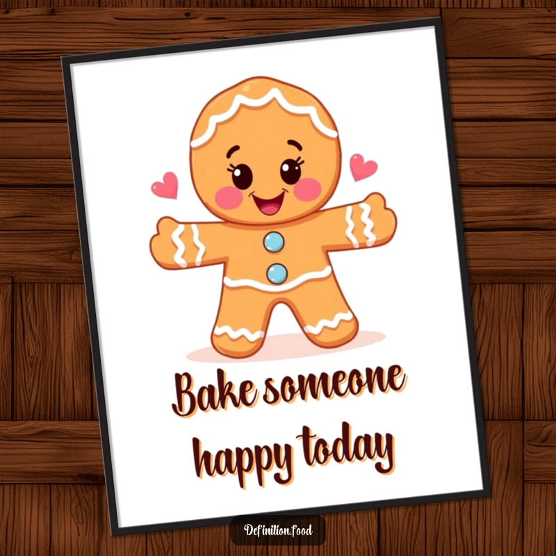 Funny Free Printable Wall Art: A joyful gingerbread man creates a whimsical food illustration with a happy, artistic expression.