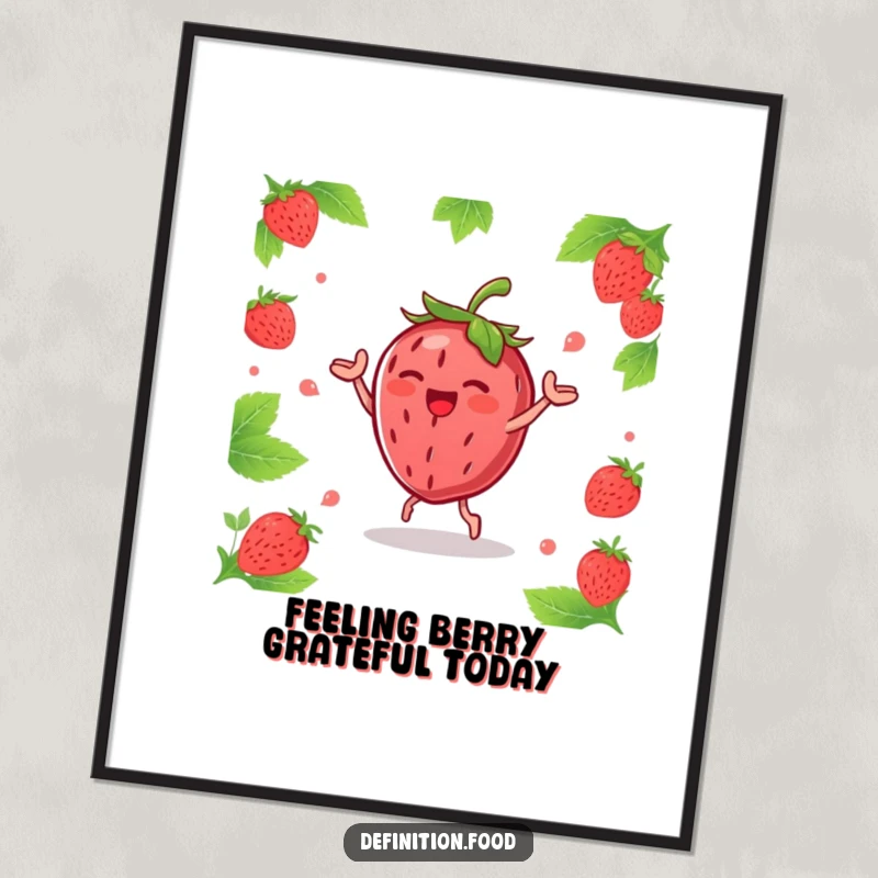 Funny Free Printable Wall Art: Joyous strawberry character with leaves, doing a lively happy dance, bringing cheerful vibes.