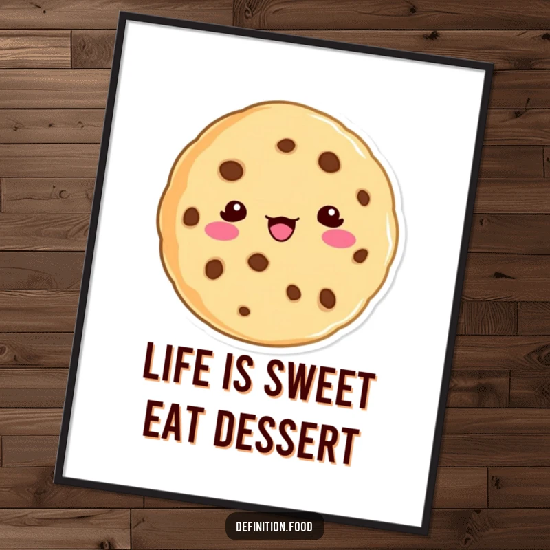 Funny free printable wall art of a cookie character humorously defining a word with a dictionary-style text bubble. Whimsical home decor.
