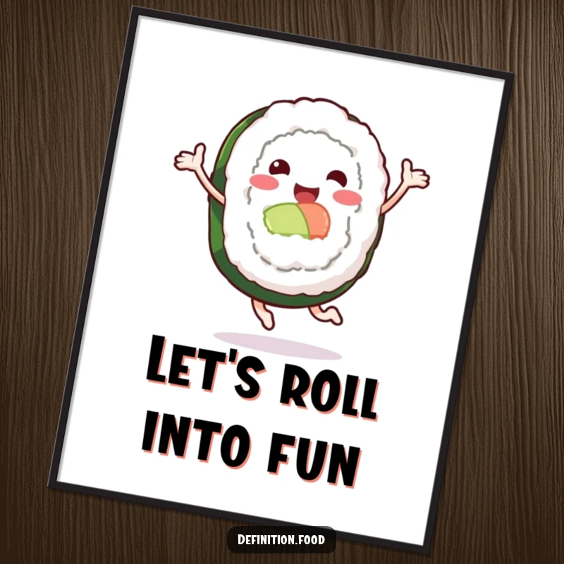 Funny Free Printable smiling sushi roll character captured mid-leap, bringing cheerful energy to any wall.