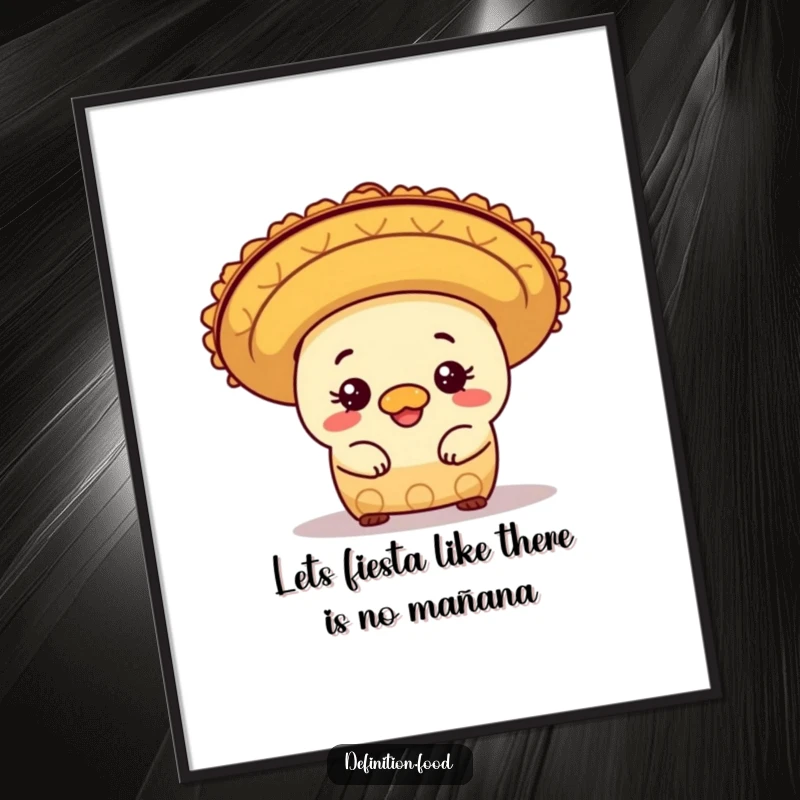 Funny Free Printable Wall Art: Mischievous burrito character peeking playfully from under a festive sombrero, festive wall decor.