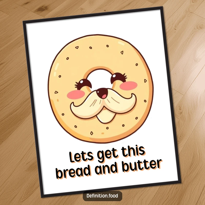Funny Free Printable wall art of a smiling bagel character proudly sporting a cream cheese mustache, adding a humorous touch to any room.