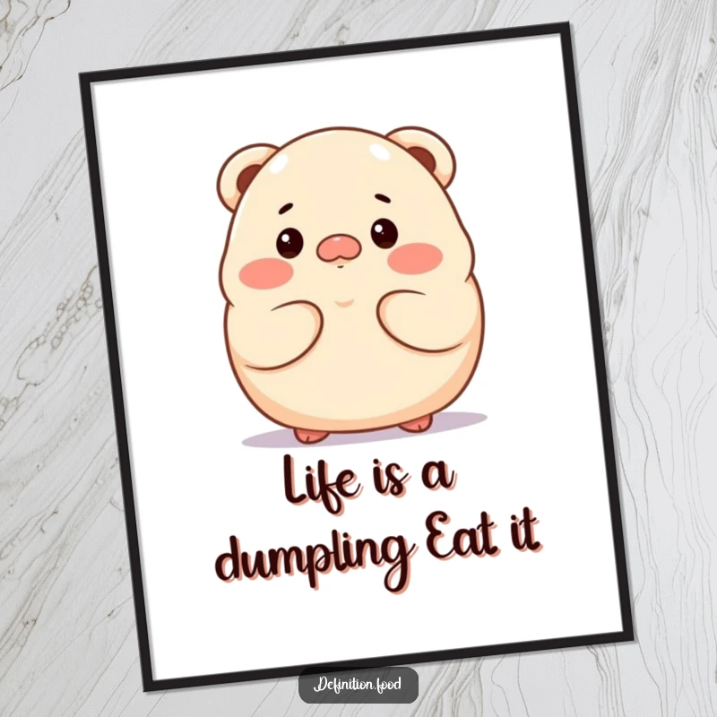Funny free printable wall art of a proud dumpling character looking deep in thought. A minimalist and humorous art piece.